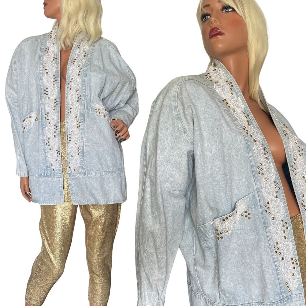 Vtg 1980s Western Glam Rock Acid Washed Studded Rhinestone Denim Jacket XL